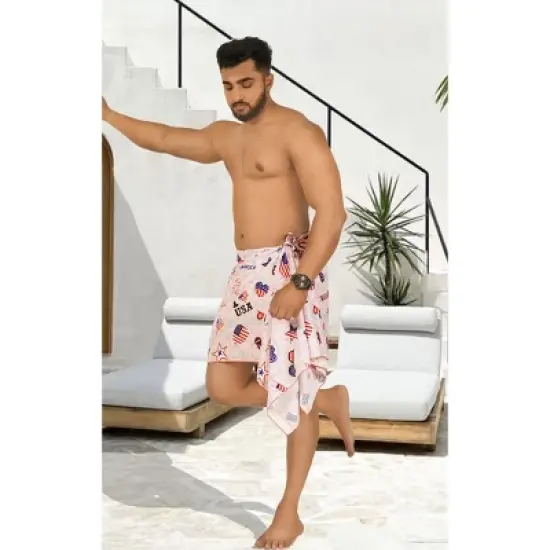 LA LEELA Men's Patriotic 4th of July USA Flag Swimwear Summer Sarong Swim Trunk Pareo Beach Wrap One Size Stripes Red image {3}