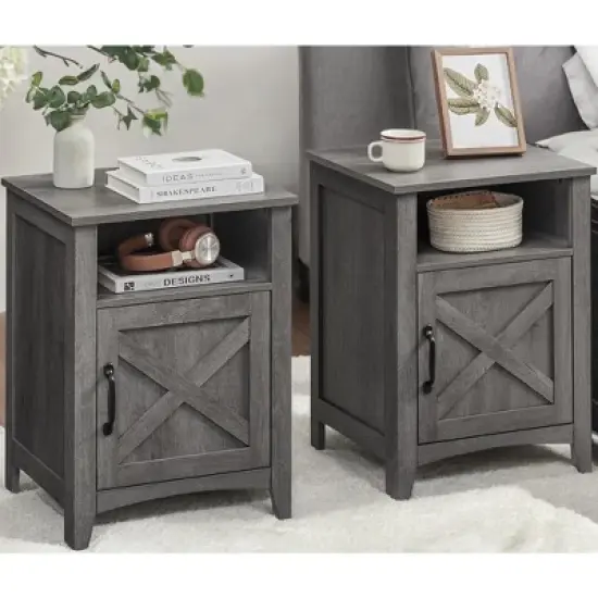 Farmhouse Nightstand with Barn Door,Bedside Table featuring Storage, Side End Table, Night Stand with Open Compartment Transform Your Bedroom image {3}