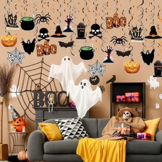 36Pcs Halloween Hanging Swirl Decorations Spider Ceiling Decor Double Sided Paper Boo Day Card Foil Streamers image {3}