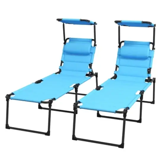TIRAMISUBEST Set of 2 Adjustable Lounge Chairs - Outdoor Folding Chaise Lounges with Sunshade Roof, Cushioned Headrest (Light Blue) image {3}