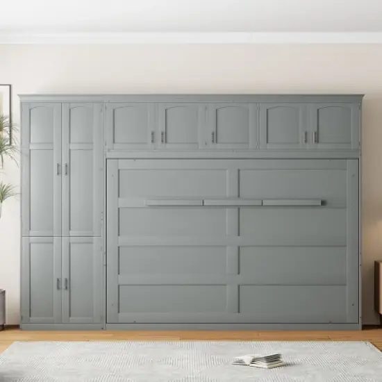 Queen Size Murphy Bed Wall Bed with Cabinets and Shelves-ModernLuxe image {2}