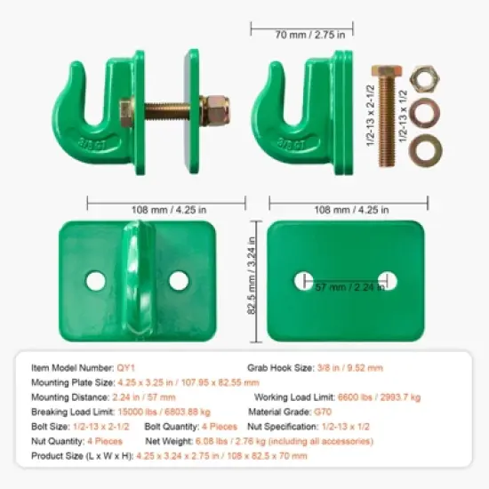 Vevor 3/8" Tractor Bucket Hooks Grade 70 Forged Steel 2 Pack Bolt On Grab Hooks Heavy Duty Mount With Backer Plate, Green image {7}