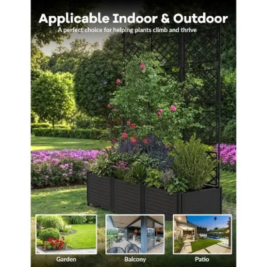 Acekool Garden Bed Kit with Trellis, Vertical Planter Box for Balcony, Patio or Deck, Black, Easy Assembly (Black/Stone) image {4}