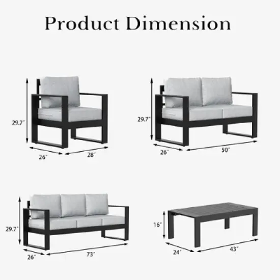 LayinSun 5 Pieces Aluminum Outdoor Patio Furniture Set, Metal Modern Conversation Sofa Set with Coffee Table and Washable Thick Cushions image {8}