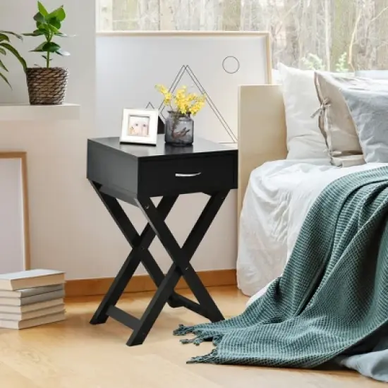 Costway Nightstand x-Shape Drawer Accent Side End Table Modern Home Furniture Black image {3}