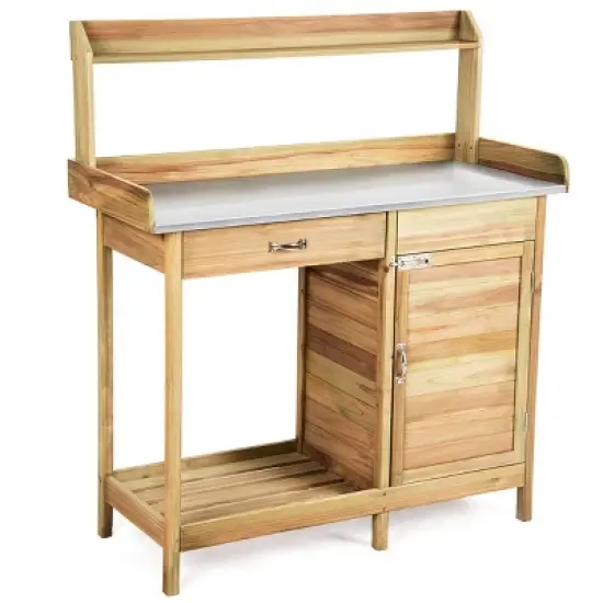 Costway Outdoor Potting Bench Garden Wooden Work Station Metal Tabletop Cabinet Drawer image {6}