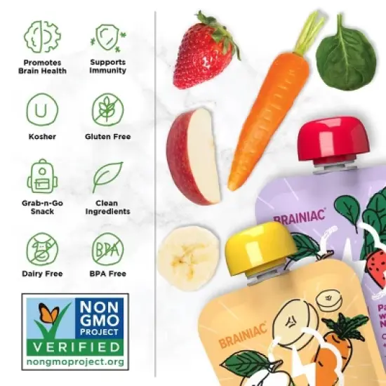 Brainiac Kids Brain Squeezers Applesauce Pouches Fruit and Veggie Variety Pack Apple Banana Carrot & Apple Strawberry Spinach - 3.2oz/10ct image {3}