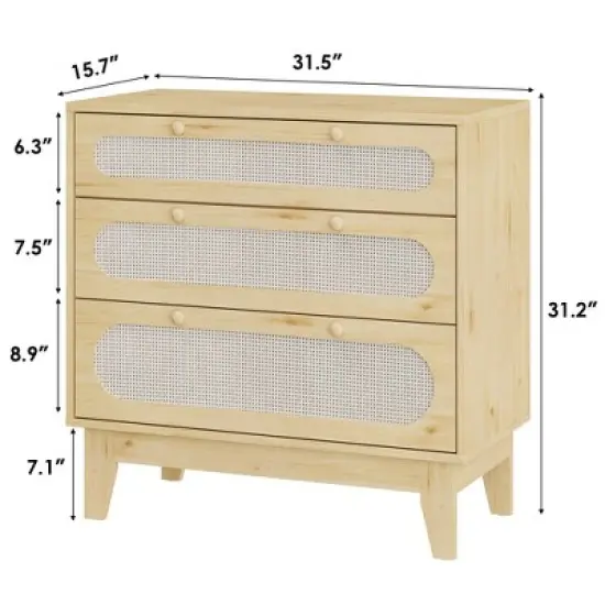 Rattan Nightstand with Drawers, Modern Large Bedside Table Night Stand for Bedroom image {2}
