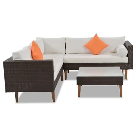 FIONECA 4-Piece Outdoor Wicker Sofa Set, L-Shaped Patio Furniture with Beige Cushions, Brown Rattan & Colorful Accent Pillows image {5}