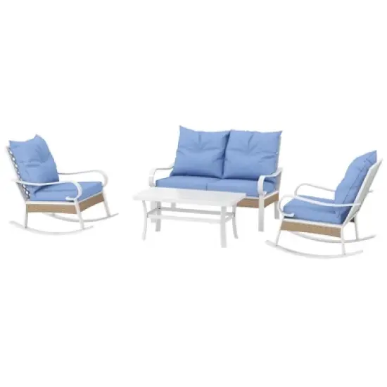 Outsunny 4 Piece Patio Furniture Set with Loveseat Sofa, Rocking Chairs, Coffee Table, Outdoor Conversation Set, Light Blue image {3}