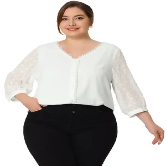 Agnes Orinda Women's Plus Size Spring Elegant Lace Sleeve Button-Down Blouse image {2}
