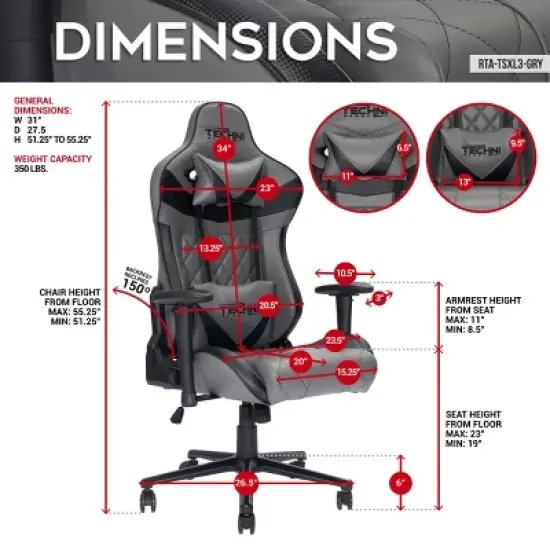 Gaming Chair XL TechniFlex Upholstery Memory Foam Seat 150 Degree Recline Adjustable for Adults -3irtyhousy image {3}