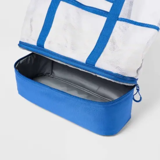 Beach Tote Bag with Zipper Bottom Tan Stripe / Navy - Sun Squad&trade; image {2}