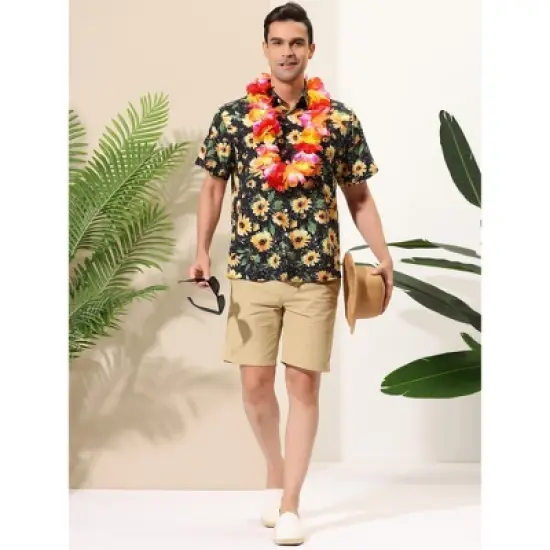 Lars Amadeus Men's Sunflower Printed Short Sleeve Button Down Hawaiian Floral Shirt image {2}