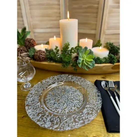 Essential Decor & Beyond 13.2" Modern Round Glass Charger with Silver Floral Pattern Set of 4 image {1}