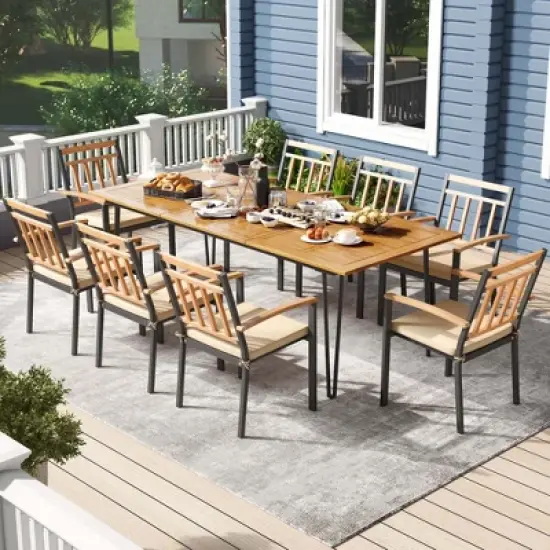 Costway 9 PCS Patio Dining Set with 8 Chairs  Acacia Wood Table Top Umbrella Hole for Yard image {7}