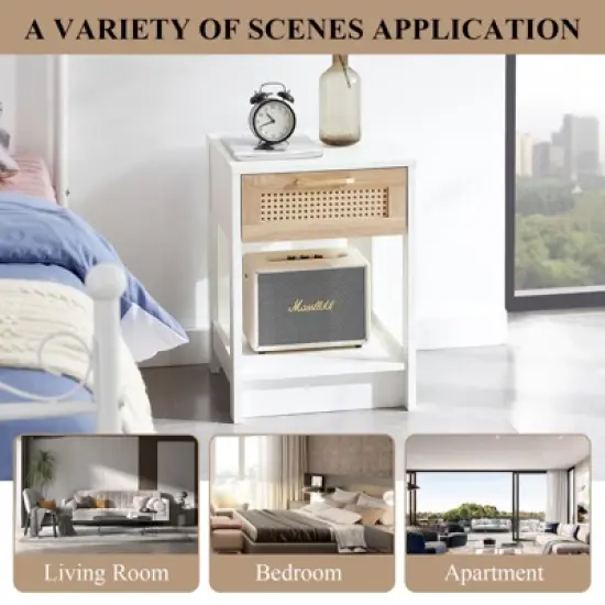 Rattan Nightstand, Modern End Table With Drawer, Nightstand Side Table With Accessories For Living Room Bedroom image {6}