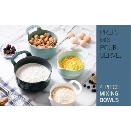 COOK WITH COLOR Nesting Plastic Mixing Bowl Set with Pour Spouts and Handles, Mint, 4 Piece Non-Slip image {3}