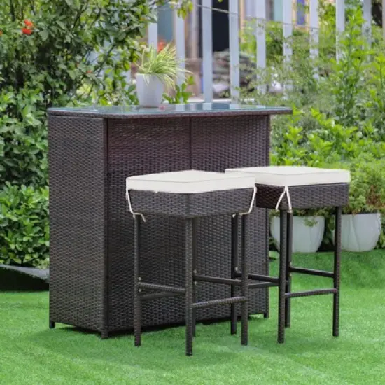 Tangkula 3PCS Patio Wicker Rattan Bar Set Table w/2 White Cushioned Stools image {7}