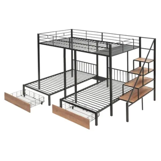 Full over Twin-Twin Triple Bunk Bed with Drawers and Staircase - ModernLuxe image {6}
