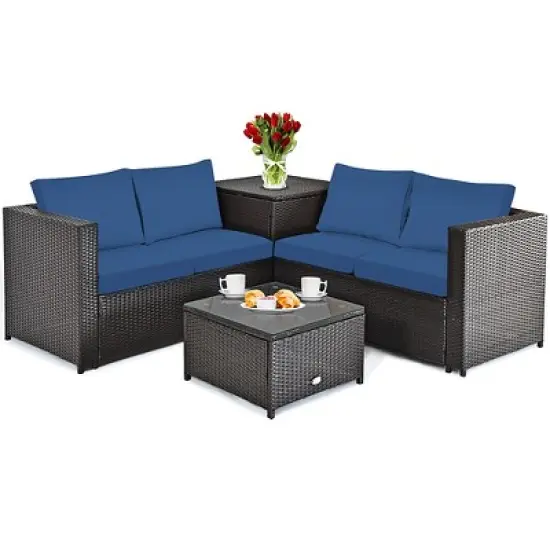Costway 4PCS Patio Rattan Furniture Set Cushioned Loveseat Storage Table Navy image {1}