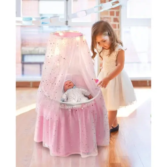 Badger Basket Sweet Dreams Round Doll Bassinet with Canopy and LED Lights - Pink/White/Stars image {1}