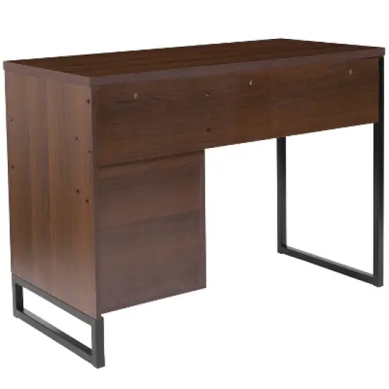 Merrick Lane Rustic Computer Desk with Shelving and Storage Drawer Metal Frame Pedestal Base Home Office Desk image {3}