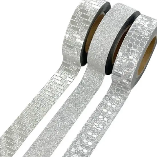 Wrapables Glitter and Shine Washi Tapes Decorative Masking Tapes (Set of 3), Silver Glitz and Glitter image {3}