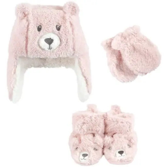Hudson Baby Infant Girl Trapper Hat, Mitten and Bootie Set, Pink Bear image {7}