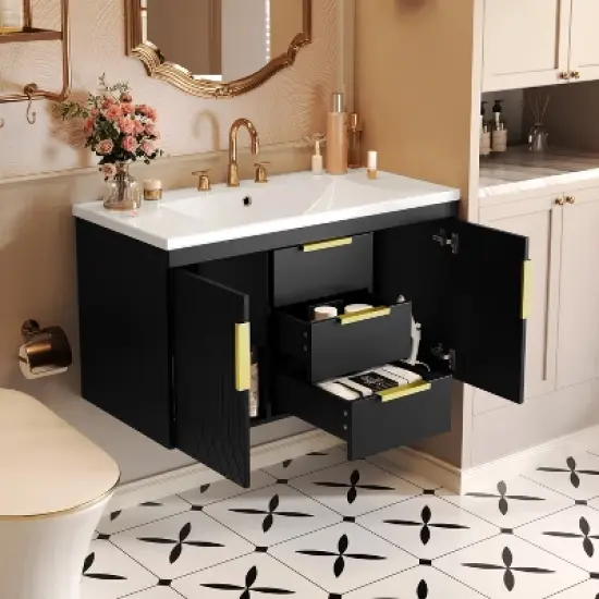 ModernLuxe 36'' Wall Mounted Bathroom Vanity, Floating Solid Wood Cabinet with Resin Sink, 2 Drawers & 2 Cabinets, White/Black image {1}