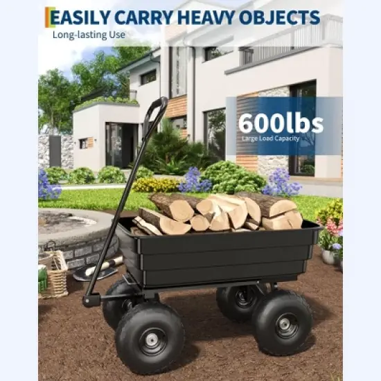 600LB Capacity All-Terrain Yard Wagon &ndash; Heavy Duty Utility Cart with Quick-Dump & Adjustable Handle, Perfect for Hauling Soil, Gardening Tools image {3}