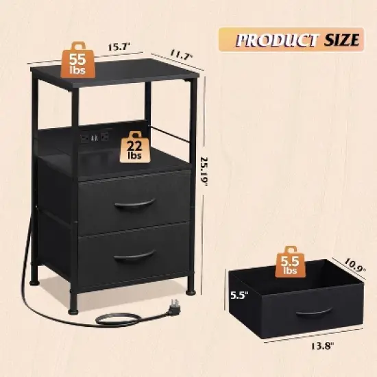 GALAXHERO Night Stand Set of 2,Small End Tables with Charger Station Nightstand with 2 Fabric Drawers & Storage Shelf, LED Bedside Table for Bedroom image {2}