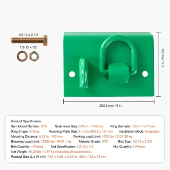 VEVOR 5/16" Tractor Bucket Hook with Tie Down Ring, Grade 70 Forged Steel 2 Pack Bolt-On Grab Hook with Back Plate, Green image {7}