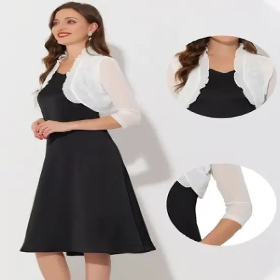 Allegra K Women's Mesh 3/4 Sleeves Open Front Elegant Ruffle Crop Bolero Shrugs image {1}