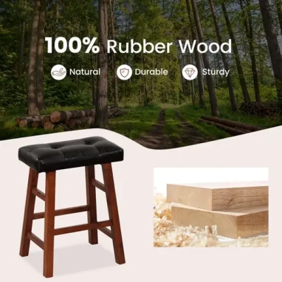 Costway Set of 2 Upholstered Barstools 24''/29'' Backless Rubberwood Dining Chairs Black&Brown image {6}