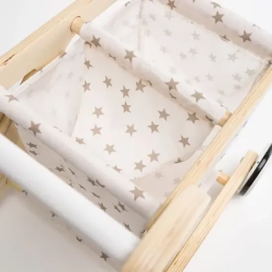 Hearthsong Wooden Shopping Cart for Pretend Play with Natural Finish, Real Rolling Wheel and Removable Cloth Basket image {7}