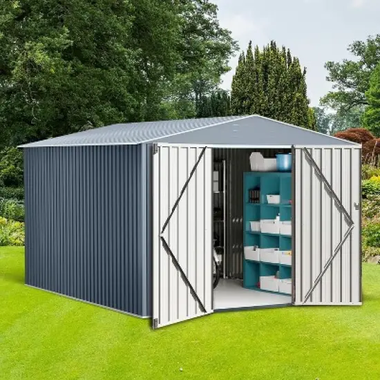 10x12 Ft Outdoor Metal Storage Shed, Galvanized Steel Garden Sheds with Lockable Doors, for Patio Lawn Backyard Outside Use, Grey image {8}