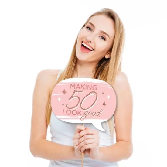 Big Dot of Happiness Funny 50th Pink Rose Gold Birthday - Happy Birthday Party Photo Booth Props Kit - 10 Piece image {1}