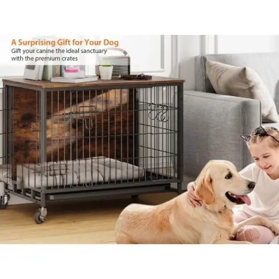 Acekool 32.5" Rustic Dog Crate & Side Table - Wood Kennel with Wheels for Medium/Large Dogs (138 characters) image {10}