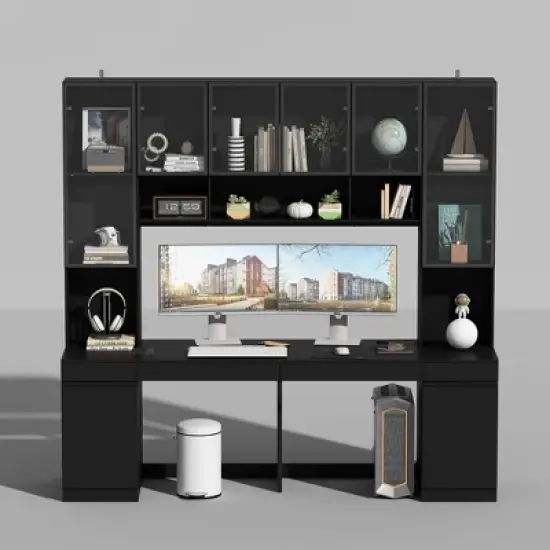 Famapy Black Spacious Double Desk Workstation Light Strips USB Ports image {3}