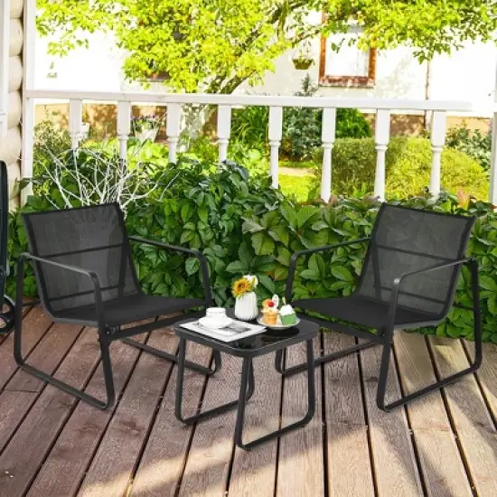 Costway 3PCS Patio Bistro Furniture Set Glass Top Table Garden Deck Black image {1}