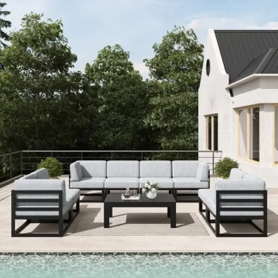 LayinSun 9-Piece Large Outdoor Modular L-Shaped Sectional Set with Coffee Table image {9}