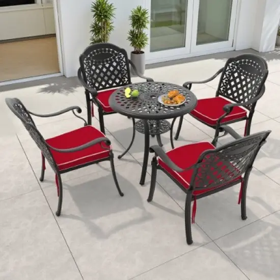 5-Piece Cast Aluminum Outdoor Dining Set with Red Cushions, Round Table & Stackable Chairs - for Patio, Backyard image {10}