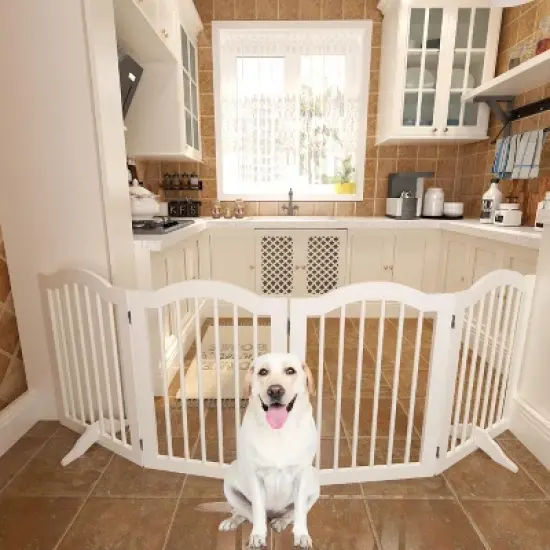 KWPZQEB Wooden Freestanding Foldable Pet Gate, 27.6" 4 Panels Step Over Fence with 2 pcs Support Feet Ideal for Stairs, Doorways, Kitchens, White image {1}