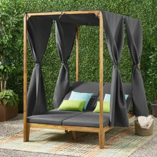 Christopher Knight Home Kinzie Outdoor Acacia Wood 2 Seater Adjustable Daybed with Curtains,Teak/Dark Gray image {1}