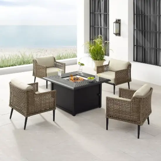 Southwick 5pc Outdoor Wicker Conversation Set with 4 Arm Chairs & Dante Fire Table - Cream/Light Brown - Crosley image {1}