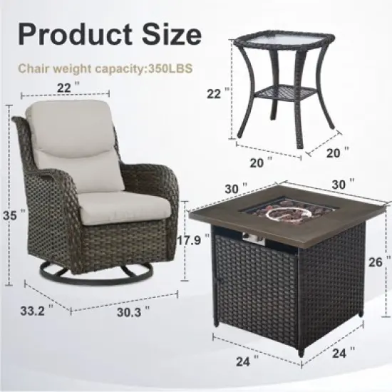 Belord 7 Pieces Patio Furniture Set, All Weather Wicker Outdoor Conversation Set with Swivel Rocker Patio Chair, Side Table and Propane Firepit Table image {9}