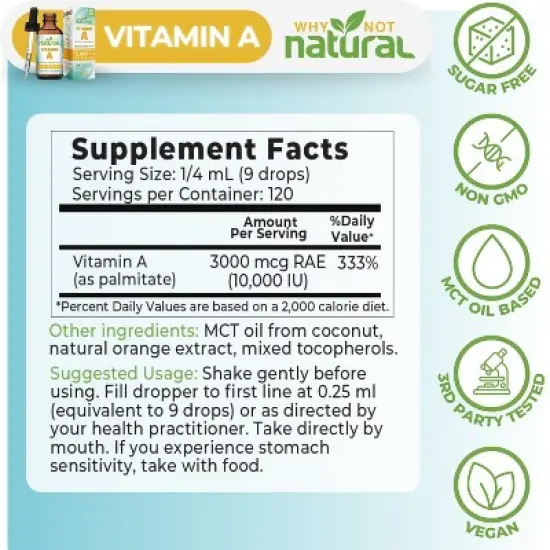 Why Not Natural Vitamin A Drops 10,000 IU &ndash; Liquid Retinyl Palmitate with MCT Oil, Vegan Supplement for Skin & Acne, 1 fl oz image {4}
