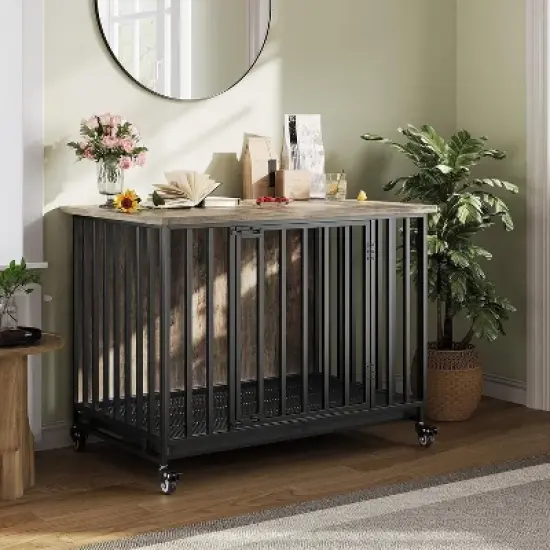 Acekool 39'' Heavy Duty Dog Crate Furniture with Wheels, Removable Tray, Wooden Pet Kennel & Decorative End Table for Small to Large Dogs image {5}