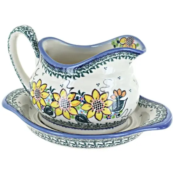 Blue Rose Polish Pottery WS03 Galia Gravy Boat and Plate image {1}